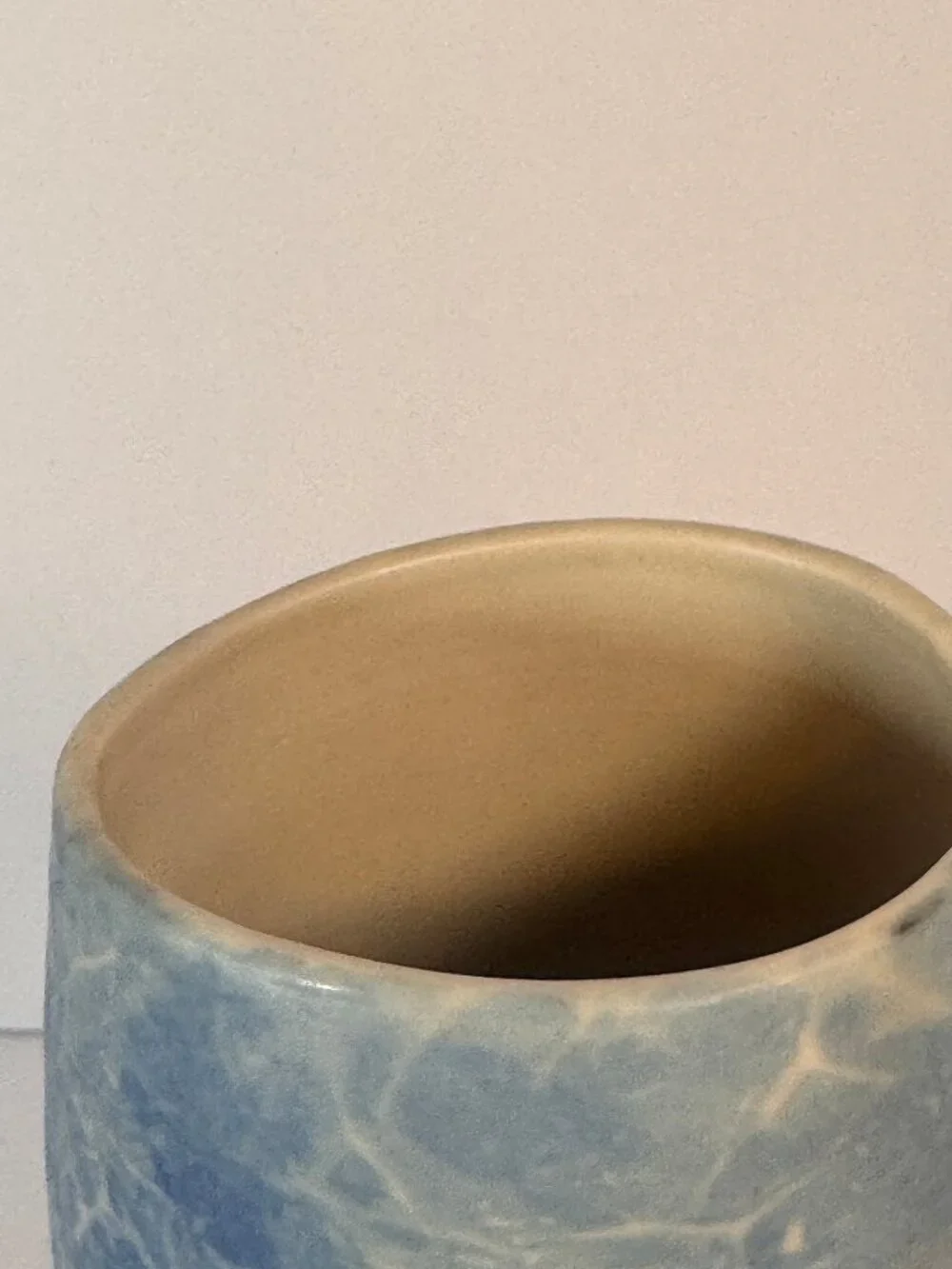Bud vase or cylinder with blue and white soft cloud like marbled pattern